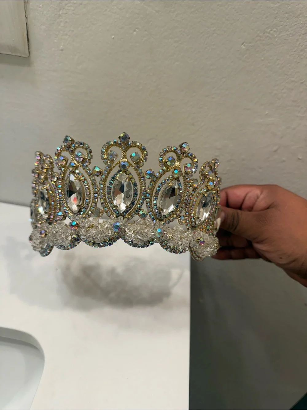 Gold Crystal Jeweled Bridal Tiara - Clear Gem Accents
